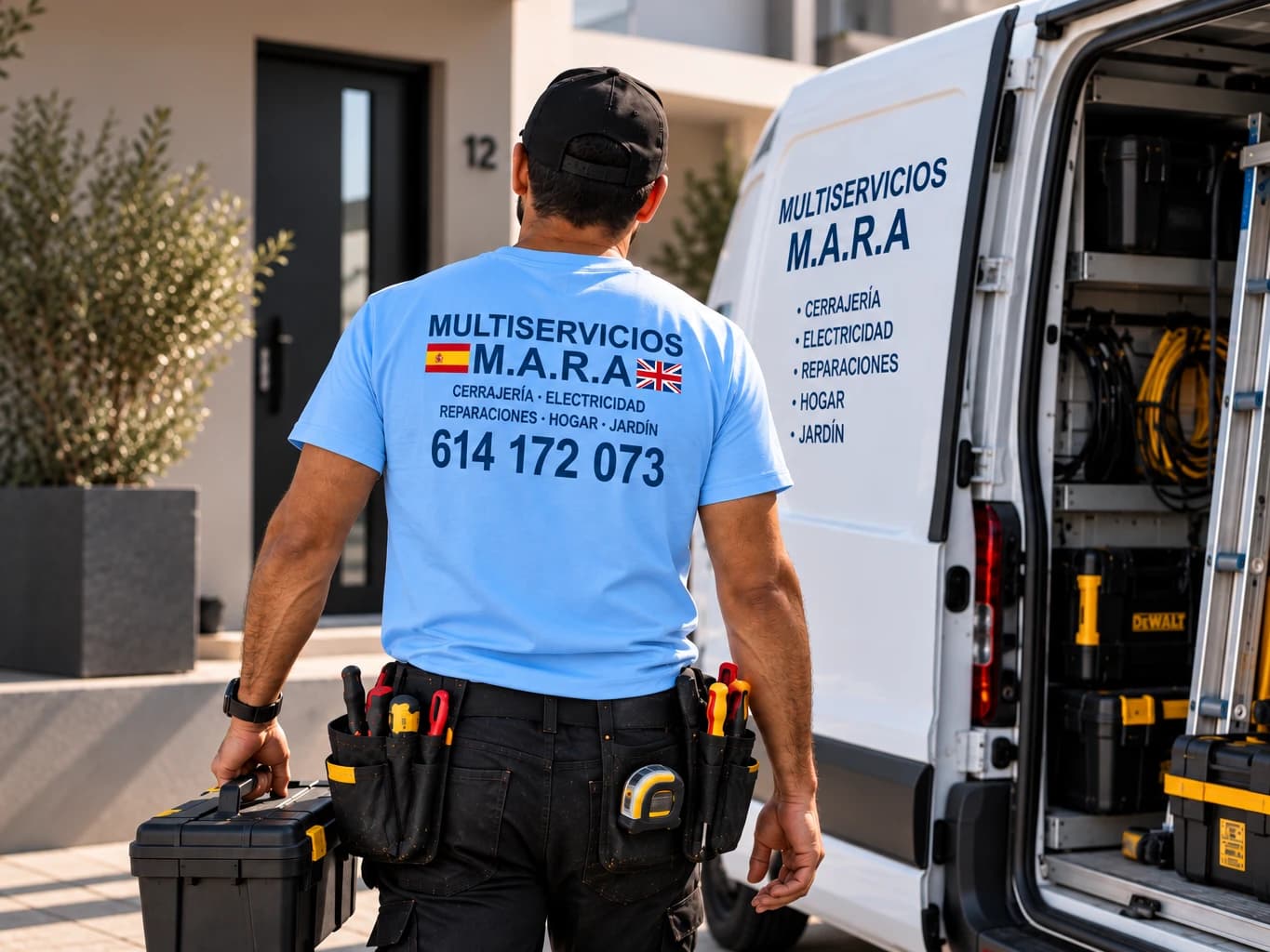 Operario con la camiseta de Multiservicios M.A.R.A y su furgoneta de trabajo, ante una vivienda en Alicante