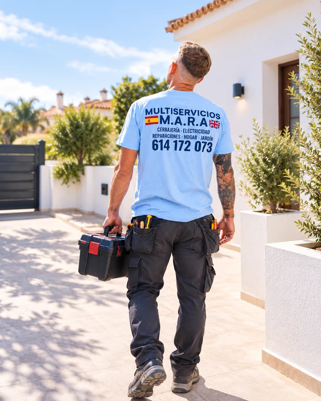 Operario con la camiseta de Multiservicios M.A.R.A y su cinturón de herramientas, ante una vivienda en Alicante